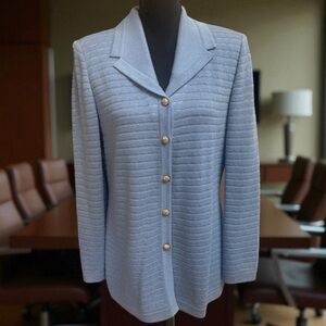 ST JOHN LUXURY BLAZER BLUE KNIT CLASSIC BUTTON DOWN TEXTURED SANTANA JACKET SZ 8